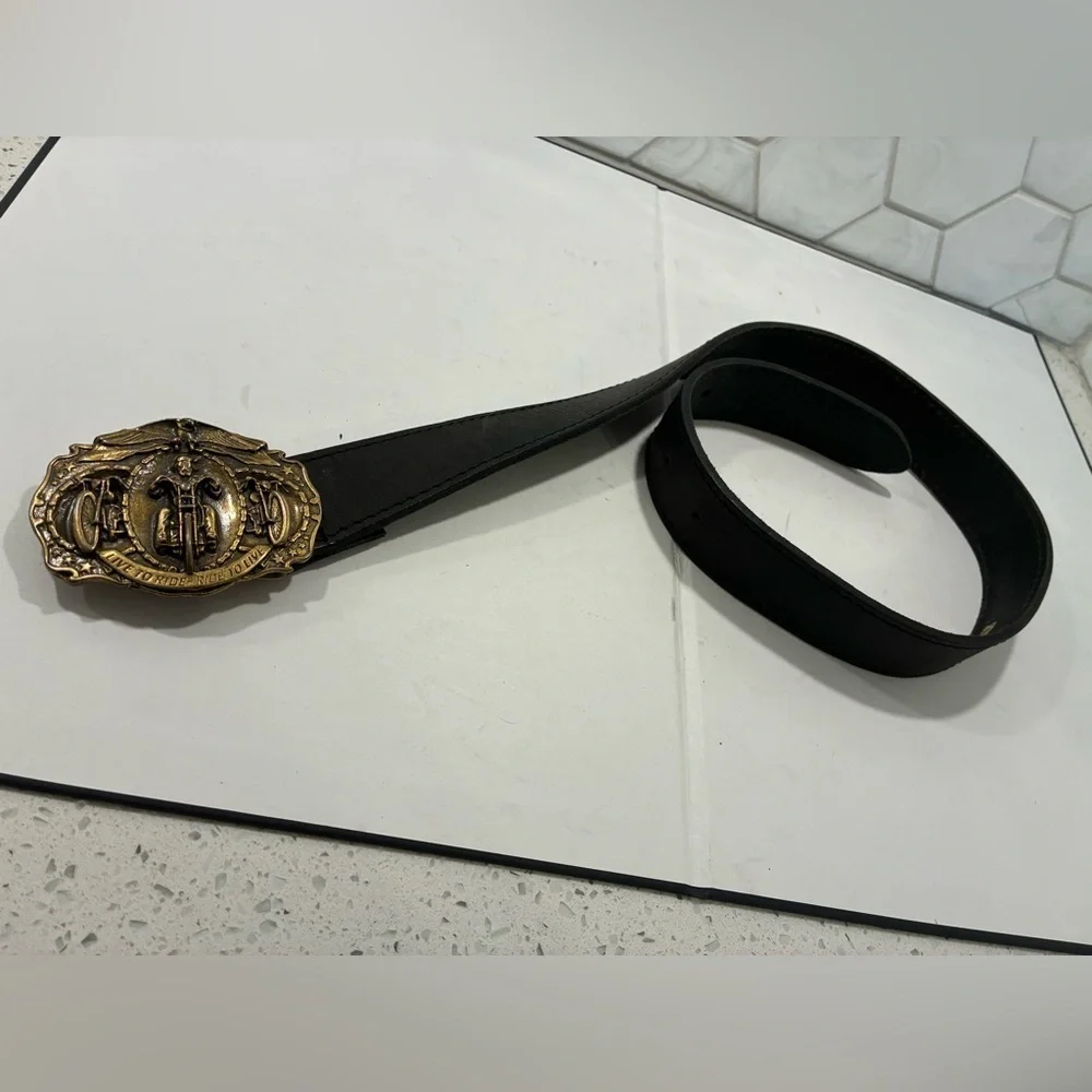LIVE TO RIDE Biker Buckle Black Leather Belt Brass Motorcycle Made In Holland